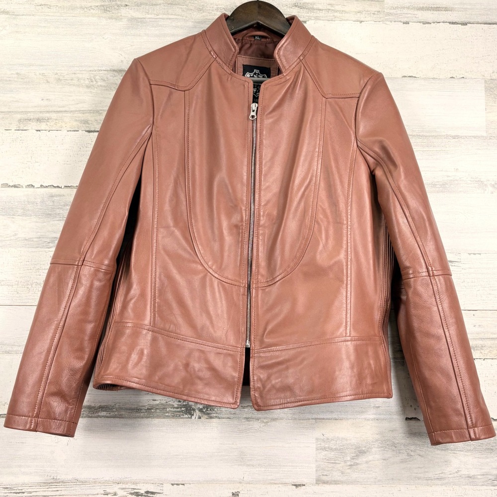 DECRUM Real Leather Jacket Womens XL Zip Up Amy Brown Lambskin Moto Bomber